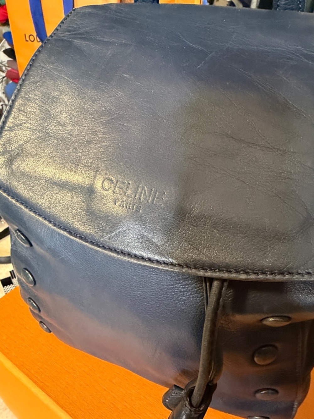 Celine Navy Blue Leather Drawstring Backpack - Picture 2 of 9